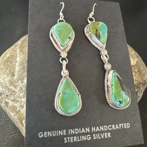 Navajo Green Royston Turquoise Dangle Earrings | Sterling Silver | Authentic Native American Handmade | 17140