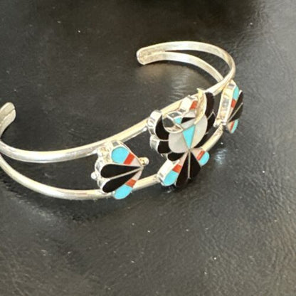 Zuni Thunderbird Bracelet | Sterling Silver Multi-Stone Inlay | Turquoise | Authentic Native American Jewelry | 15056