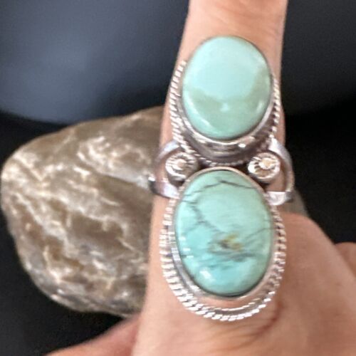 Navajo Blue Dry Creek Turquoise 2 Stone Ring | Authentic Native American Sterling Silver | Multi-Stone | Sz 10 | 16739 - Masha USA