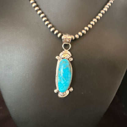 Navajo Kingman Turquoise Pendant Necklace | Sterling Silver Pearls | Authentic Native American Handmade | 15212 - Masha USA