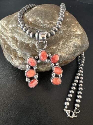Navajo Red Spiny Oyster Naja Pendant Necklace | Sterling Silver | 20" | Authentic Native American Handmade | 15760