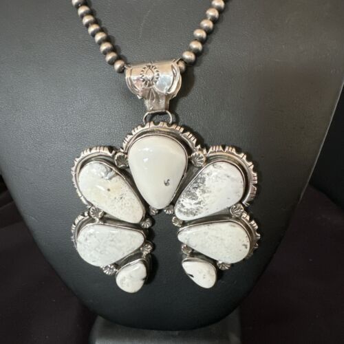 Navajo White Buffalo Turquoise Necklace Naja Pendant | Sterling Silver | Authentic Native American Handmade | 16805