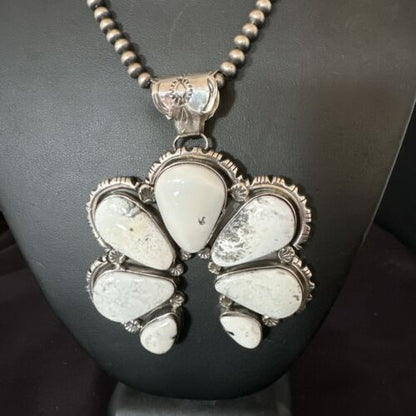 Navajo White Buffalo Turquoise Necklace Naja Pendant | Sterling Silver | Authentic Native American Handmade | 16805