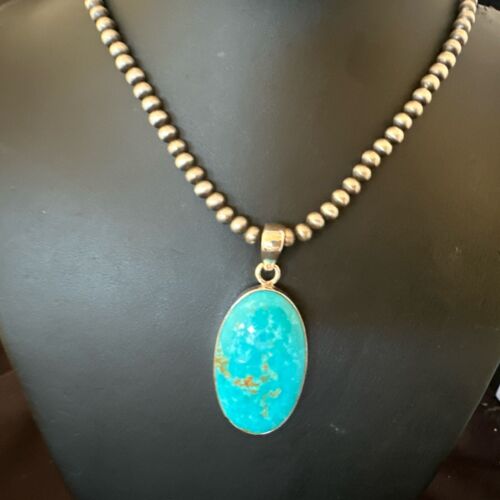 Blue Kingman Turquoise Pendant | Navajo Pearls | Sterling Silver Necklace 20" | 16991