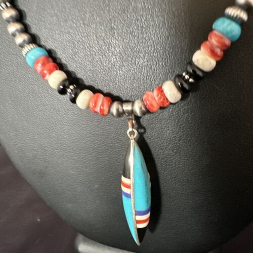 Navajo Turquoise Spiny Oyster Inlay Pendant Necklace | Sterling Silver | Authentic Native American Handmade | 13560