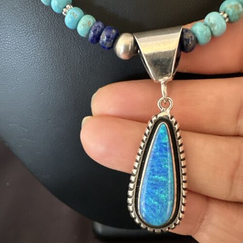 Navajo Opal Inlay Pendant with Turquoise & Lapis | Sterling Silver Necklace | Authentic Native American Handmade | 16848