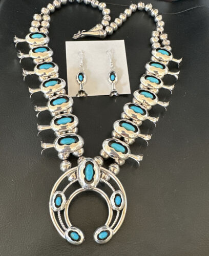 Navajo Turquoise Shadowbox Squash Blossom Necklace & Earrings | Sterling Silver | 16542