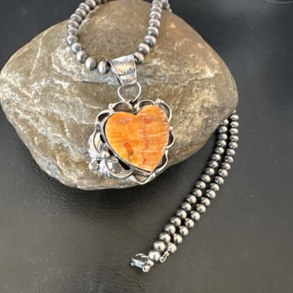 Navajo Orange Spiny Oyster Heart Pendant Necklace | Sterling Silver | Authentic Native American Handmade | 16447