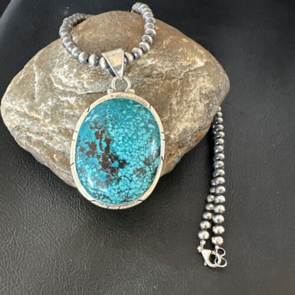 Navajo Blue Spiderweb Turquoise Pendant Necklace | Sterling Silver | Authentic Native American Handmade | 16199
