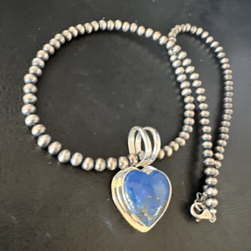 Navajo Blue Heart Lapis Pendant Necklace | Sterling Silver Pearls | Authentic Native American Handmade | 15019