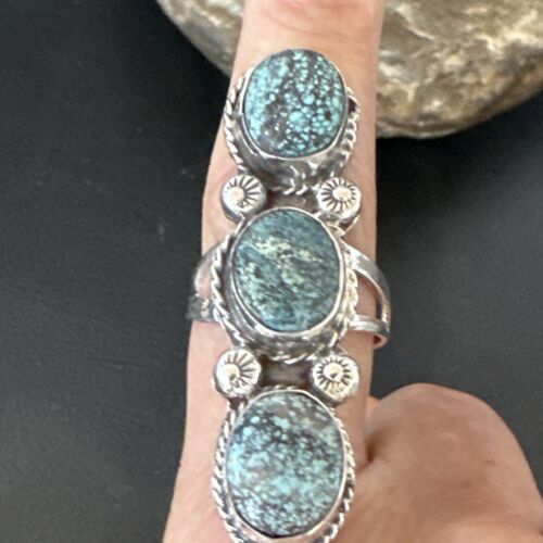 Navajo Blue Spiderweb Turquoise Multi-Stone Ring | Authentic Native American Sterling Silver | Sz 9 | 16707