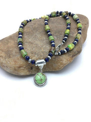 Navajo Green Turquoise and Lapis Necklace with Gaspeite Pendant | Sterling Silver | 23" | 2819