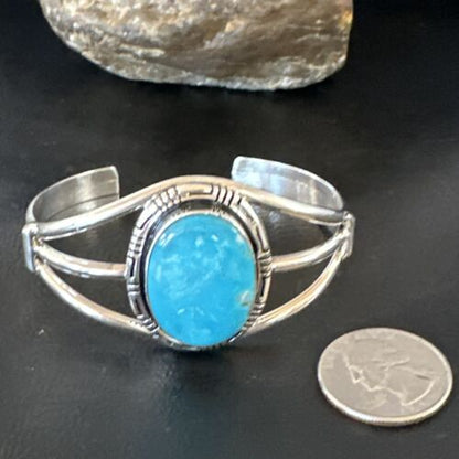 Women's Blue Kingman Turquoise Cuff Bracelet | Navajo Sterling Silver | Authentic Native American Jewelry | 16246