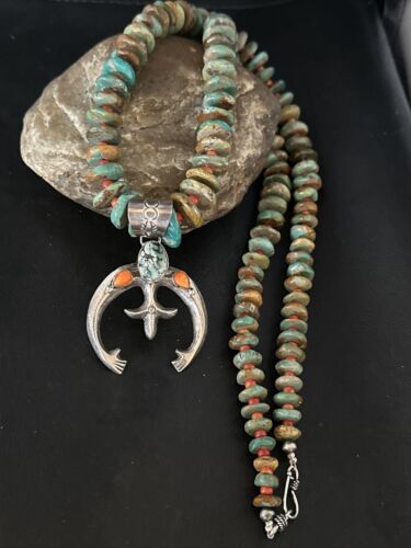 Navajo Turquoise Spiny Oyster Naja Pendant Necklace | Sterling Silver | 28" | Authentic Native American Handmade | 14846