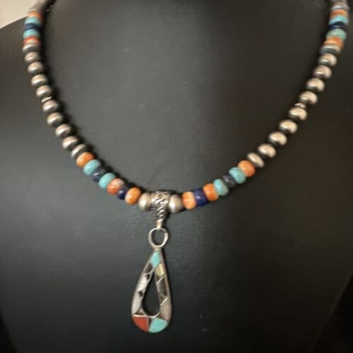 Navajo Spiny Oyster Turquoise Lapis Inlay Pendant Necklace | Sterling Silver | 21" | 16769