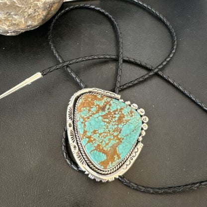 XL Men's Blue Turquoise #8 Bolo Tie | Navajo Sterling Silver | Authentic Native American Handmade | 17005