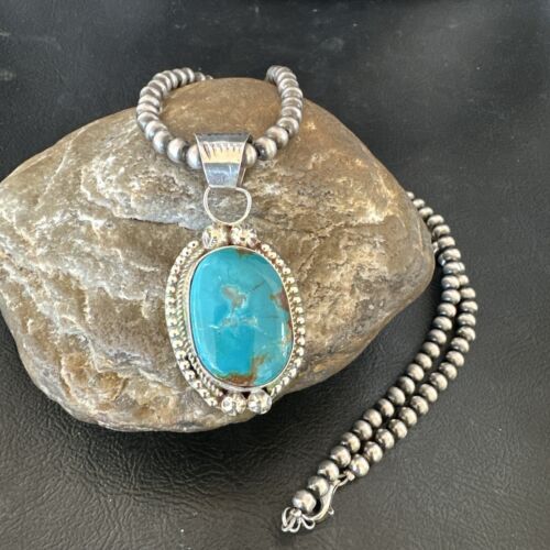 Navajo Pearls Kingman Turquoise Pendant Necklace | Sterling Silver | Authentic Native American Handmade | 17126