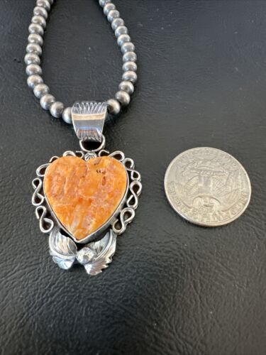 Navajo Orange Spiny Oyster Heart Pendant Necklace | Sterling Silver | Authentic Native American Handmade | 16417