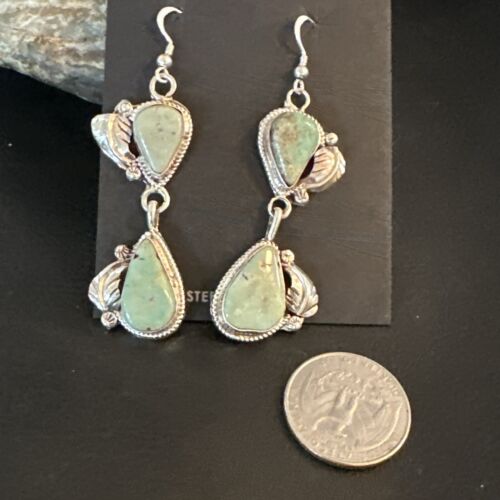 Navajo Green Royston Turquoise Dangle Earrings | Sterling Silver | Authentic Native American Handmade | 16838