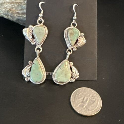 Navajo Green Royston Turquoise Dangle Earrings | Sterling Silver | Authentic Native American Handmade | 16838