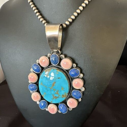 Navajo Multi-Stone Necklace | Lapis, Pink, Blue Turquoise | Sterling Silver | 17456