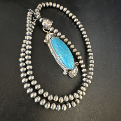 Navajo Kingman Turquoise Pendant Necklace | Sterling Silver Pearls | Authentic Native American Handmade | 15212 - Masha USA