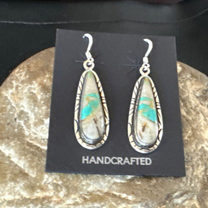 Navajo Blue Boulder Turquoise Dangle Earrings | Sterling Silver | Authentic Native American Handmade | 16504
