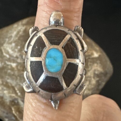 Navajo Blue Turquoise Onyx Turtle Ring | Sterling Silver | Sz 7 | Authentic Native American Handmade | 16980