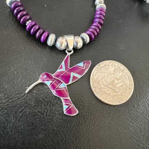 Navajo Hummingbird Purple Sugilite Inlay Pendant Necklace | Sterling Silver Inlay | Authentic Native American Handmade | 16762