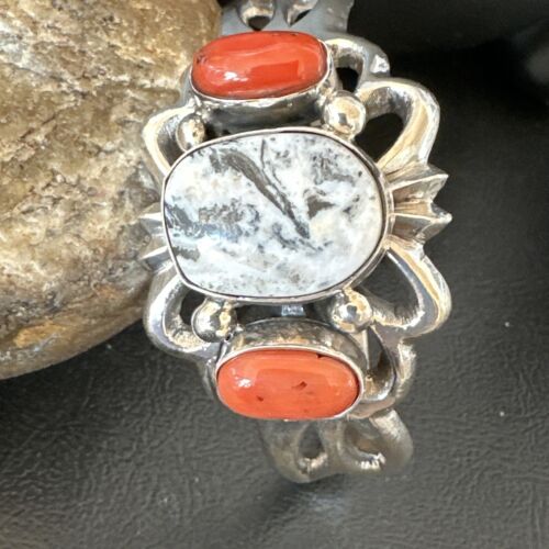 White Buffalo Turquoise Coral Navajo Tufa Cuff Bracelet | Sterling Silver | Authentic Native American Handmade | 16408