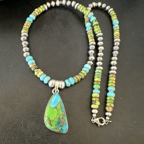 Navajo Blue Green Mojave Turquoise Pendant | Sterling Silver Pearl Necklace | Authentic Native American Handmade | 16921