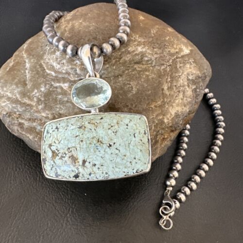 Navajo Dry Creek Turquoise Topaz Pendant Necklace | Sterling Silver | Authentic Native American Handmade | 16311