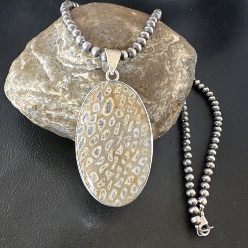 Navajo Champagne Fossil Coral Pendant Necklace | Sterling Silver Beads | Native American Handmade | 16371