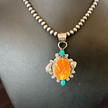 Navajo Orange Spiny Oyster Blue Turquoise Pendant Necklace | Sterling Silver | 20" | 16459