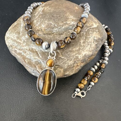 Southwestern Coffee Brown Tiger's Eye Multi-Stone Pendant Necklace | Sterling Silver | 21" | 17052
