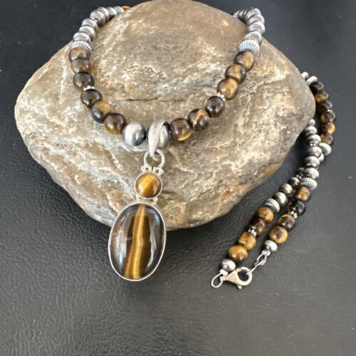 Southwestern Coffee Brown Tiger's Eye Multi-Stone Pendant Necklace | Sterling Silver | 21" | 17052
