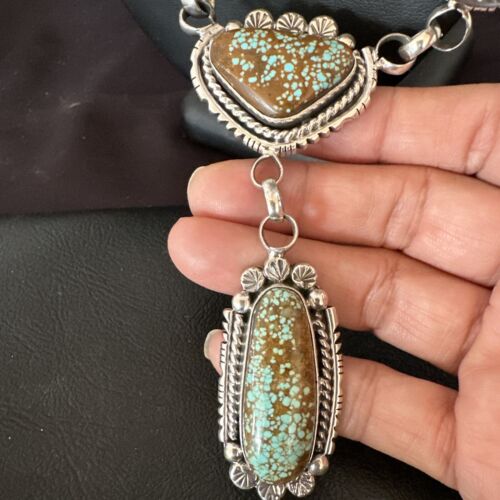 Navajo XL Blue Turquoise #8 Squash Blossom Necklace | Sterling Silver | 18" | Authentic Native American Handmade | 17205