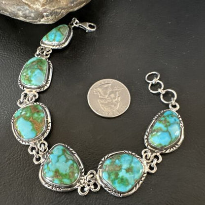 Navajo Green Sonoran Gold Turquoise 6-Stone Link Bracelet | Sterling Silver | Authentic Native American Handmade | 16373
