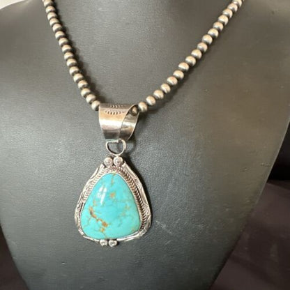 Navajo Blue Kingman Turquoise Necklace Pendant | Sterling Silver | Authentic Native American Handmade | 17476