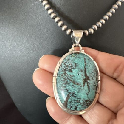 Men's Navajo Blue Spiderweb Turquoise Pendant Necklace | Sterling Silver | Authentic Native American Handmade | 16212