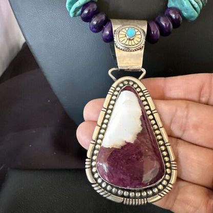 Navajo XL Turquoise Purple Spiny Oyster Pendant Necklace | Sterling Silver | Authentic Native American Handmade | 25" | 17464