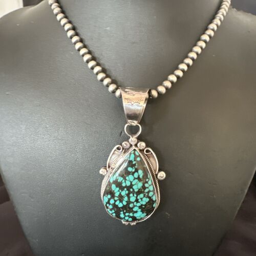 Men's Spiderweb Turquoise Pendant | Navajo Pearls Sterling Silver Necklace | Authentic Native American Handmade | 17067