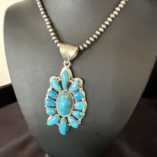 Navajo Blue Kingman Turquoise Cluster Pendant | Sterling Silver | Authentic Native American Handmade | 15447