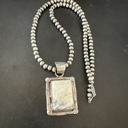 White Buffalo Turquoise Pendant | Navajo Pearls Sterling Silver Necklace | Authentic Native American Handmade | 17104