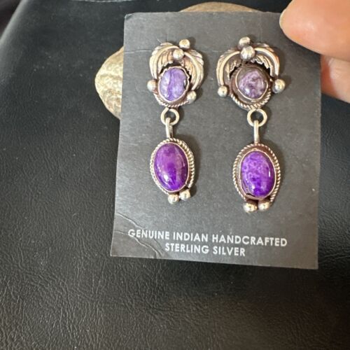 Navajo Purple Sugilite Charoite Dangle Earrings | Sterling Silver | 2" | Authentic Native American Handmade | 15258