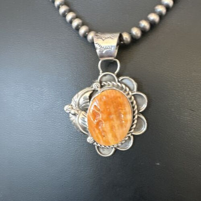 Navajo Orange Spiny Oyster Pendant Necklace | Sterling Silver Pearls | Authentic Native American Handmade | 16554
