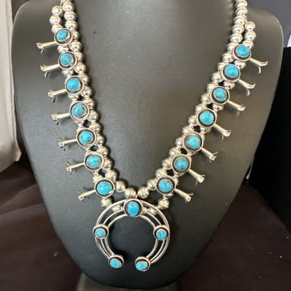 Navajo Kingman Turquoise Shadowbox Squash Blossom Necklace | Sterling Silver | Authentic Native American Handmade | 16091