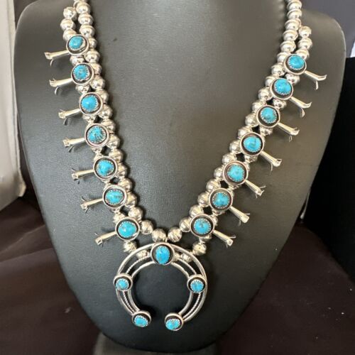 Navajo Kingman Turquoise Shadowbox Squash Blossom Necklace | Sterling Silver | Authentic Native American Handmade | 16091