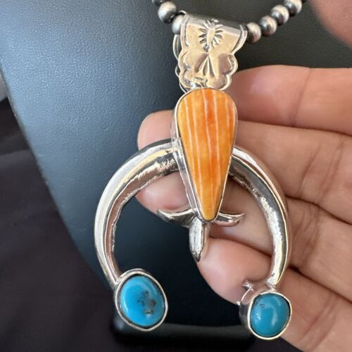 Navajo Blue Turquoise Orange Spiny Oyster Naja Pendant | Sterling Silver | Authentic Native American Handmade | 16411