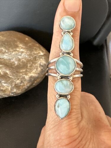 Navajo Blue Larimar Cluster Ring | Authentic Native American Sterling Silver | Multi-Stone | Sz 7.5 | 15943